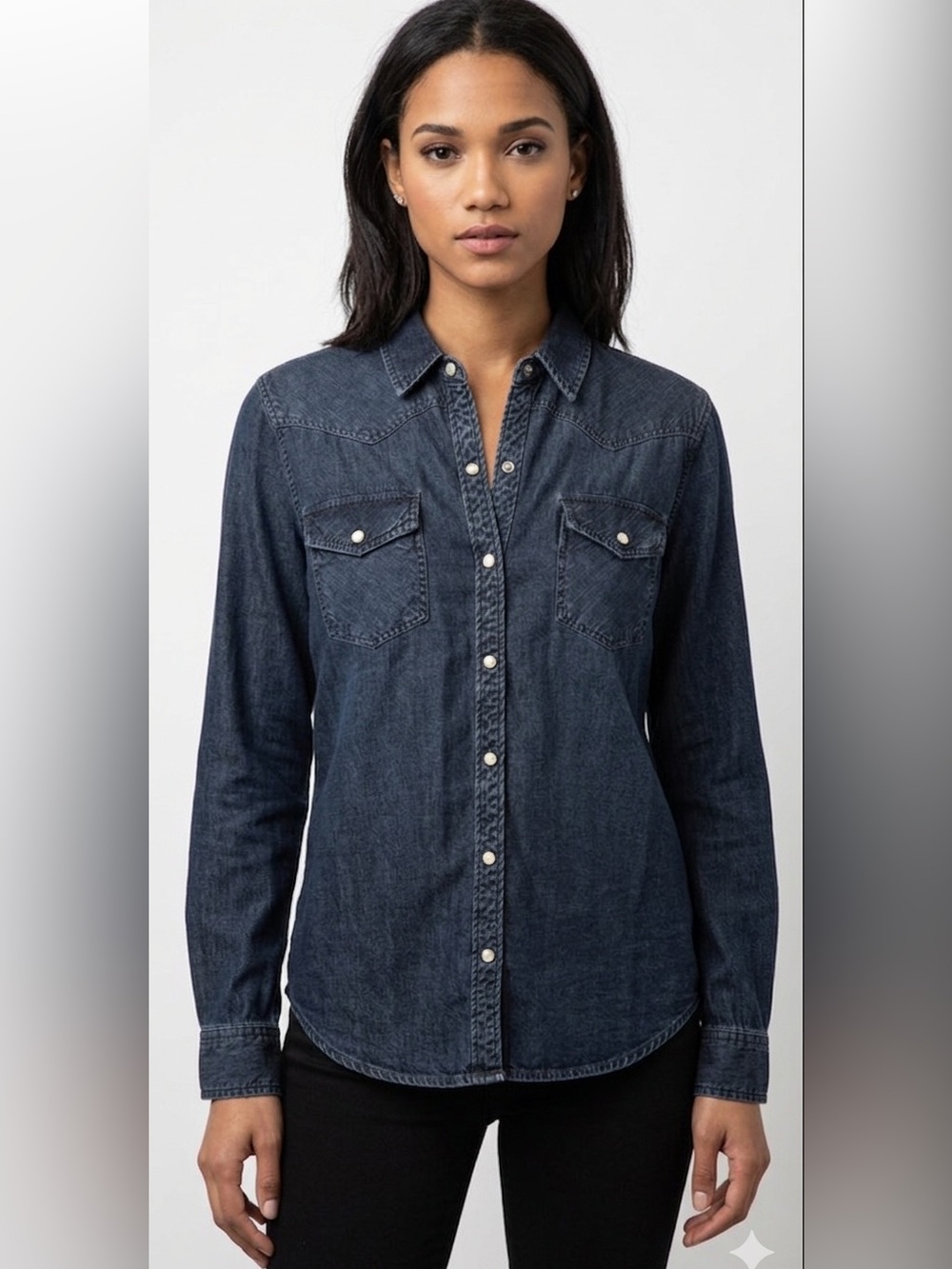 Rails Denim Jean Shirt West Dark Vintage/Lapis Coast White Pearl Snaps M